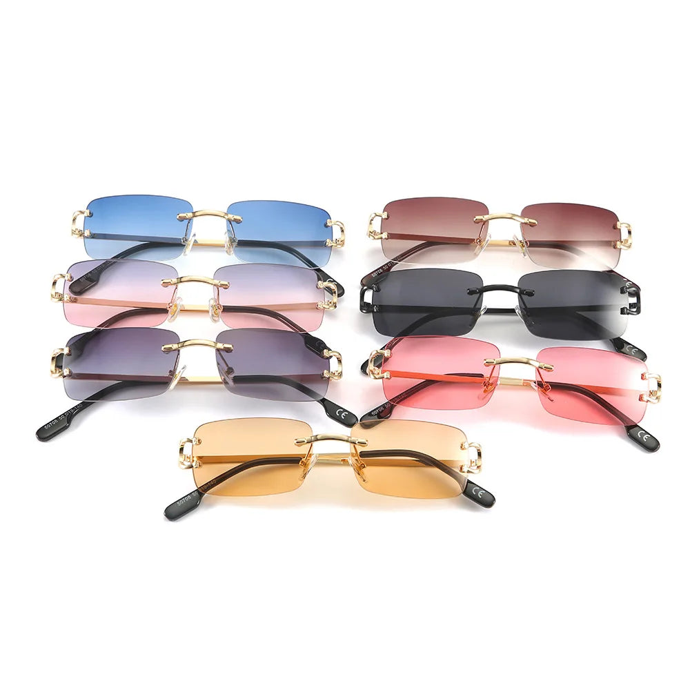 Gafas de sol rectangulares sin montura azules para hombre, diseño de marca 2025, gafas de sol cuadradas de Metal a la moda para dama, lentes degradados sin marco UV400