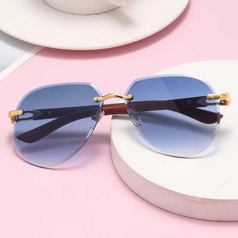 Gafas de sol de piloto Vintage sin montura para mujer y hombre, gafas de sol de marca de lujo de diseñador Punk, gafas de sol con gradiente populares de grano de madera UV400