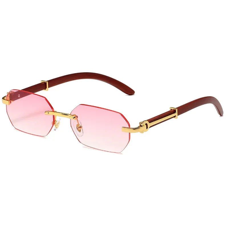 Gafas de sol sin montura a la moda para hombres y mujeres, gafas de sol rectangulares sin marco con marco de madera, gafas de sol Retro, gafas de viaje de verano UV400