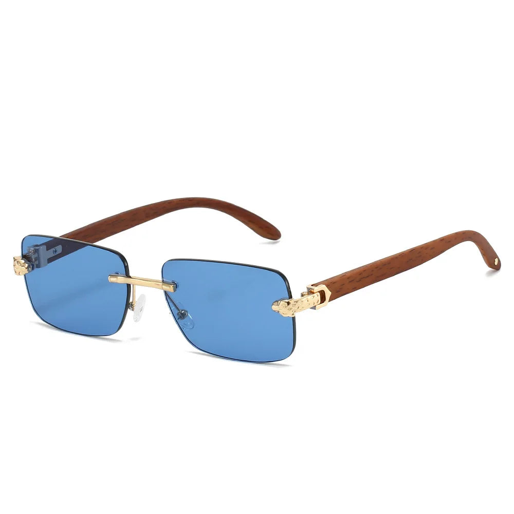 Gafas de sol cuadradas sin montura para mujer y hombre, gafas de sol Vintage Punk populares con cabeza de leopardo, gafas de sol de marca de lujo de diseñador de grano de madera