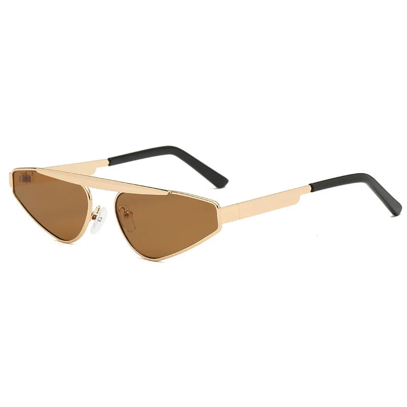 Shonemes Gafas de sol tipo ojo de gato, elegantes gafas triangulares con montura metálica para exteriores UV400, gafas de sol doradas, negras y marrones para mujeres y hombres