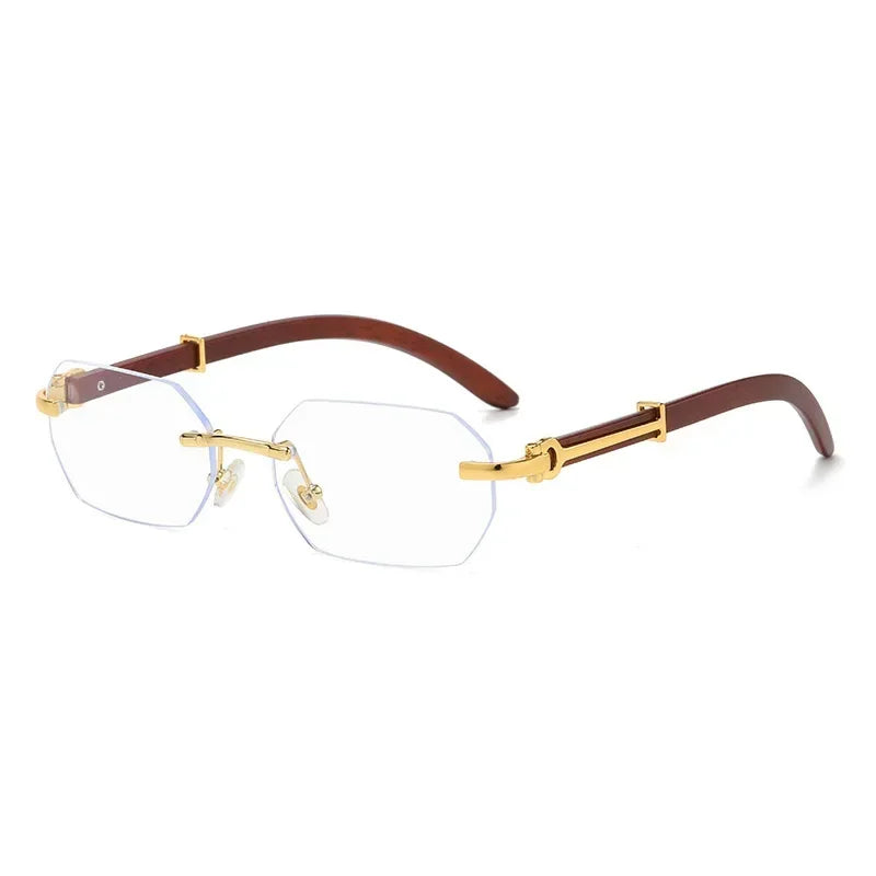 Gafas de sol sin montura a la moda para hombres y mujeres, gafas de sol rectangulares sin marco con marco de madera, gafas de sol Retro, gafas de viaje de verano UV400