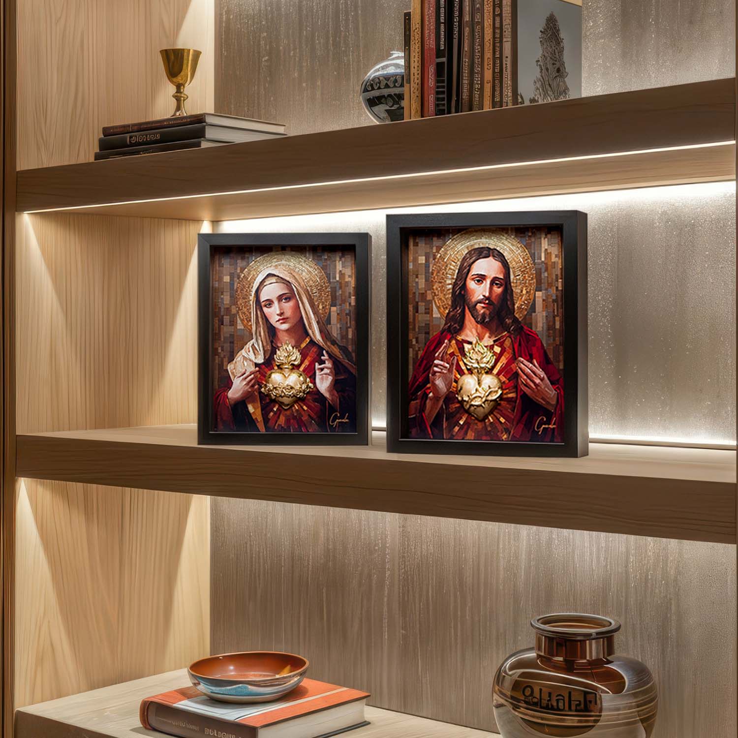 2 Cuadros "Corazones de Jesús y María"