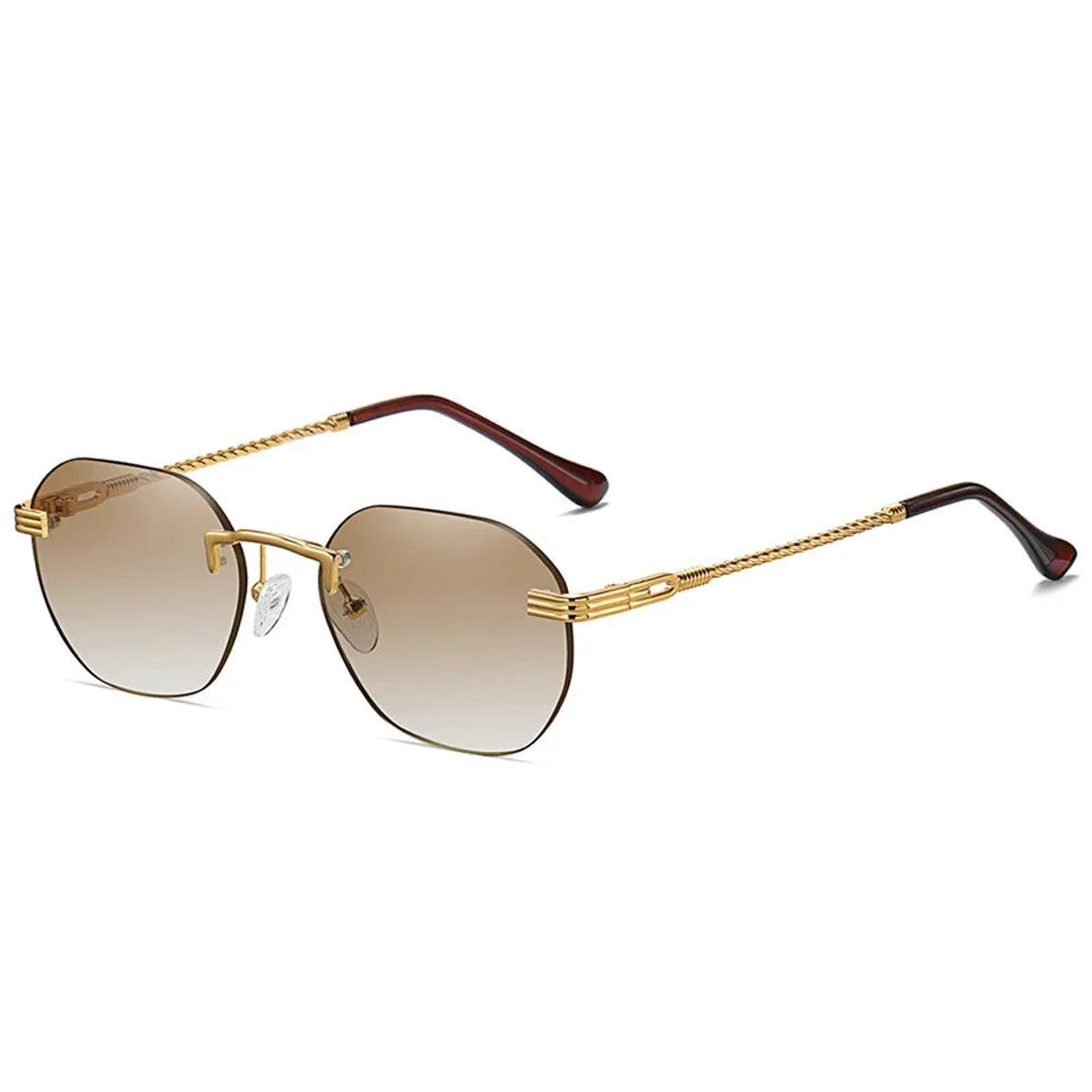 Gafas de sol marrones sin marco de Metal dorado para mujer, lentes degradados sin montura, gafas de sol azules de moda para hombres UV400 verano 2025