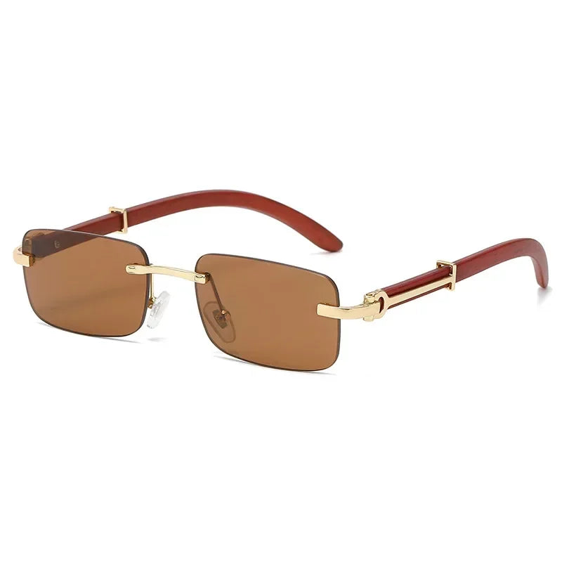 2024 Nuevas gafas de sol sin marco de estilo retro para piernas de veta de madera de imitación de moda para mujer