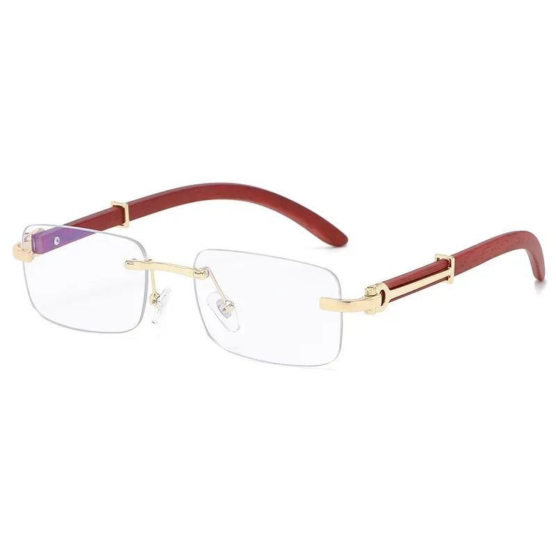 2024 Nuevas gafas de sol sin marco de estilo retro para piernas de veta de madera de imitación de moda para mujer