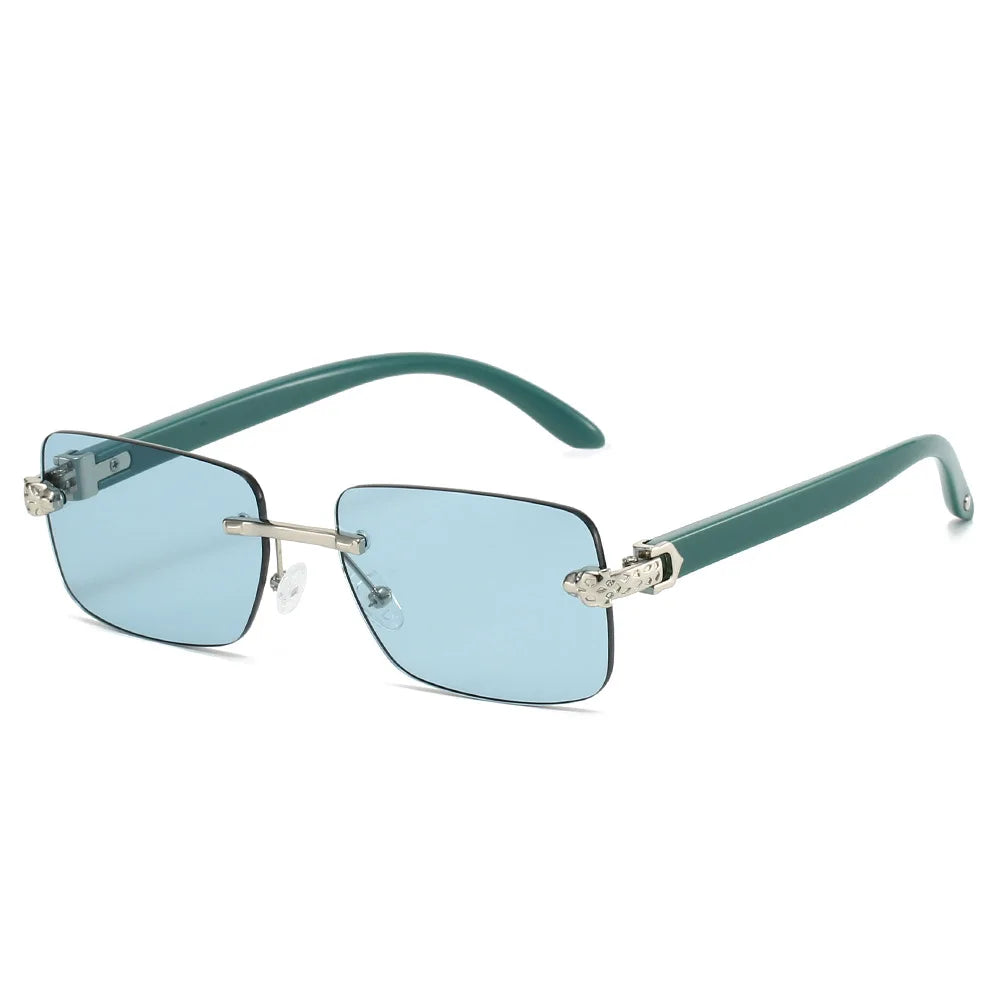 Gafas de sol cuadradas sin montura para mujer y hombre, gafas de sol Vintage Punk populares con cabeza de leopardo, gafas de sol de marca de lujo de diseñador de grano de madera
