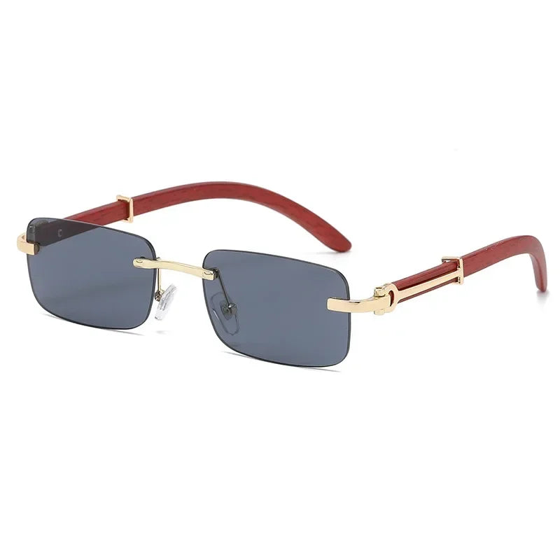 2024 Nuevas gafas de sol sin marco de estilo retro para piernas de veta de madera de imitación de moda para mujer