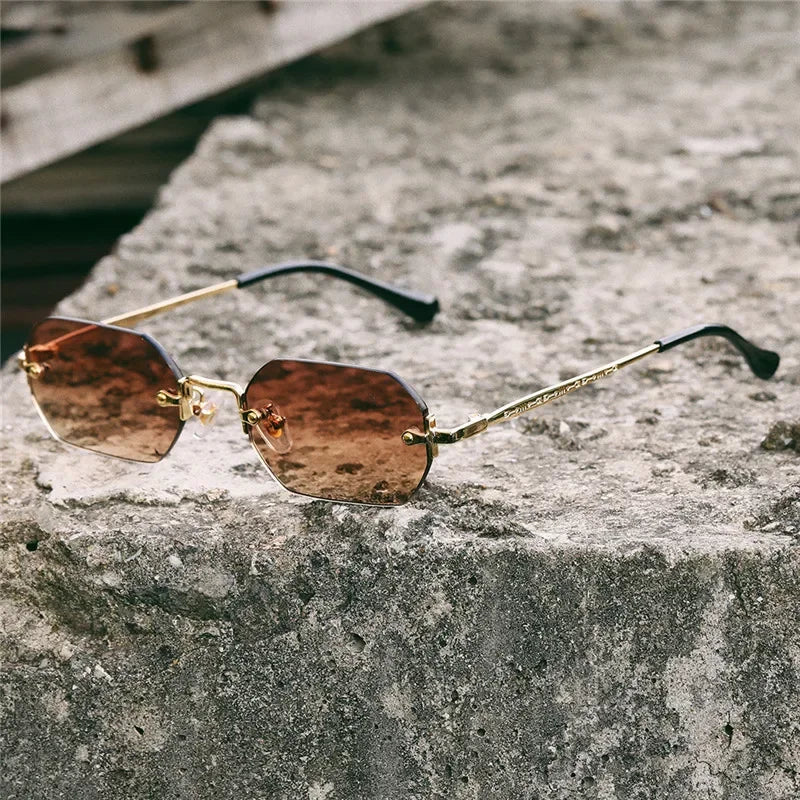 Gafas de sol rectangulares sin montura, gafas pequeñas para hombres y mujeres, gafas de Metal dorado polígono azul, tonos 2024 UV400 sin marco