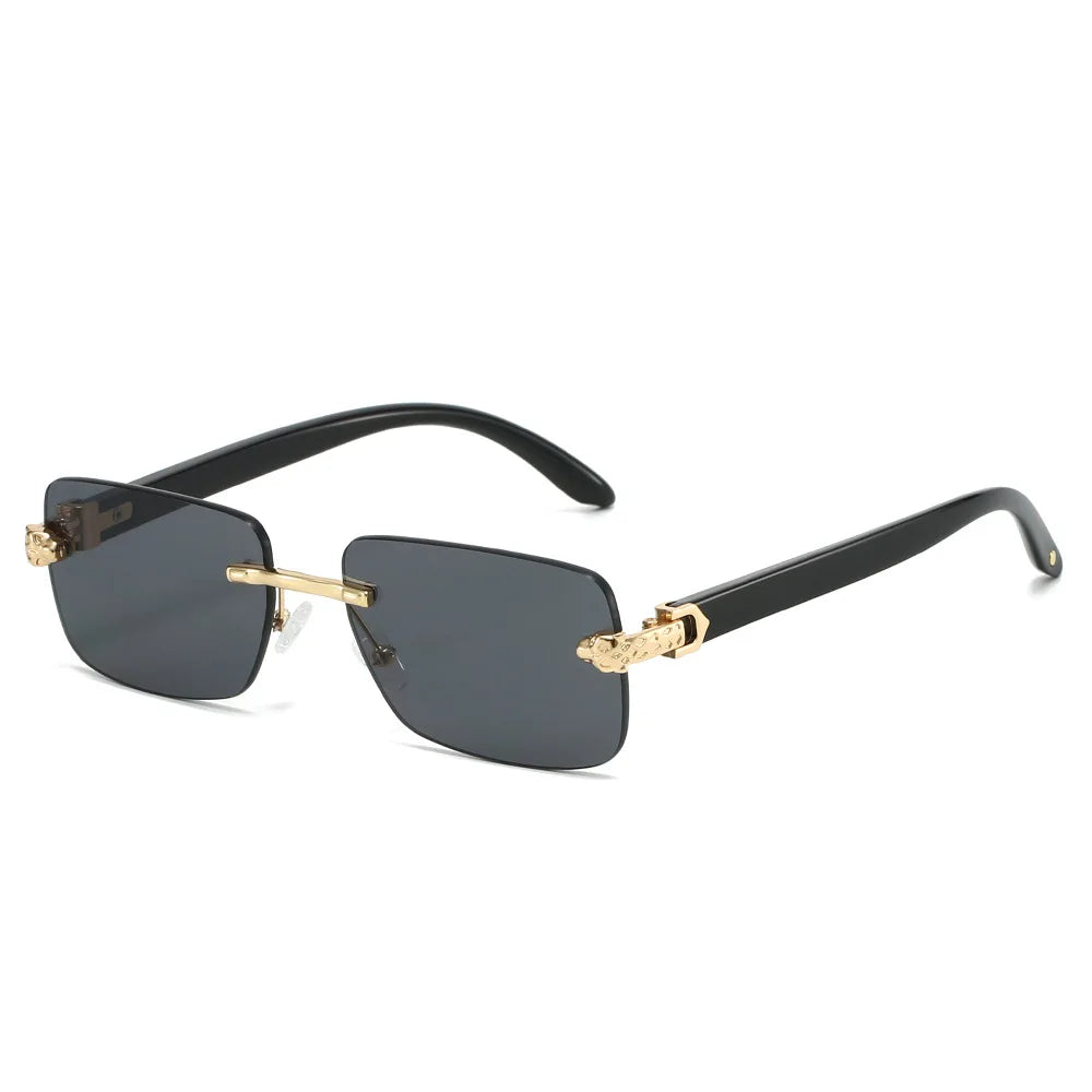 Gafas de sol cuadradas sin montura para mujer y hombre, gafas de sol Vintage Punk populares con cabeza de leopardo, gafas de sol de marca de lujo de diseñador de grano de madera