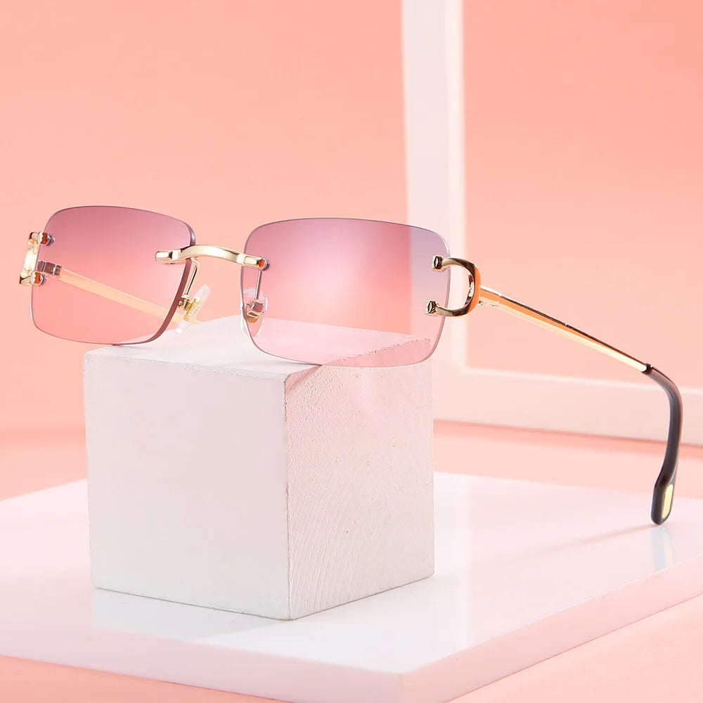 Gafas de sol rectangulares sin montura azules para hombre, diseño de marca 2025, gafas de sol cuadradas de Metal a la moda para dama, lentes degradados sin marco UV400