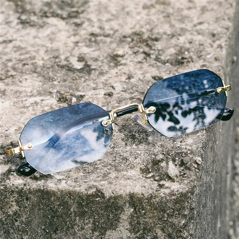 Gafas de sol rectangulares sin montura, gafas pequeñas para hombres y mujeres, gafas de Metal dorado polígono azul, tonos 2024 UV400 sin marco