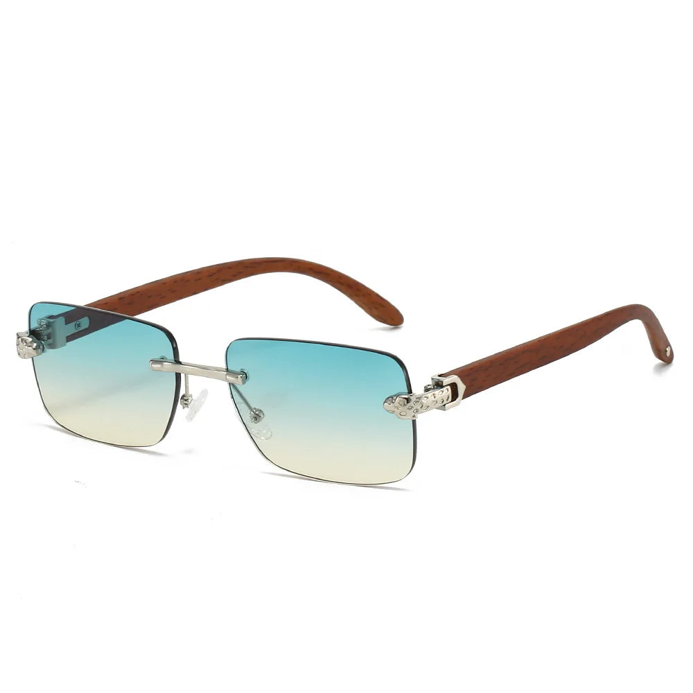 Gafas de sol cuadradas sin montura para mujer y hombre, gafas de sol Vintage Punk populares con cabeza de leopardo, gafas de sol de marca de lujo de diseñador de grano de madera