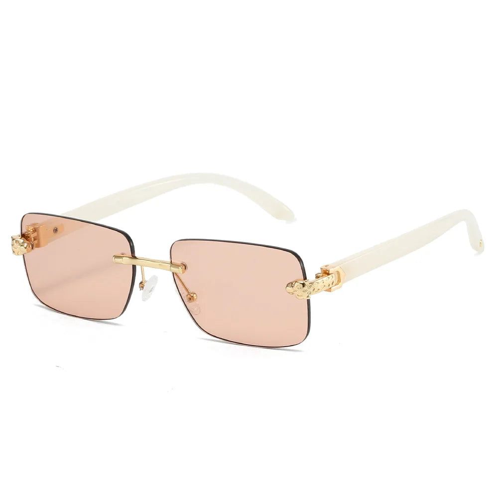 Gafas de sol cuadradas sin montura para mujer y hombre, gafas de sol Vintage Punk populares con cabeza de leopardo, gafas de sol de marca de lujo de diseñador de grano de madera