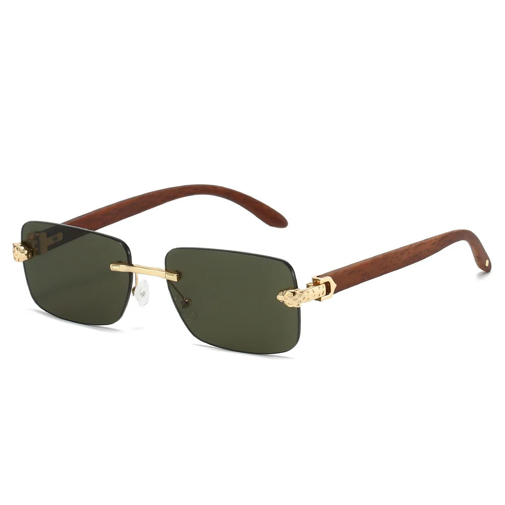 Gafas de sol cuadradas sin montura para mujer y hombre, gafas de sol Vintage Punk populares con cabeza de leopardo, gafas de sol de marca de lujo de diseñador de grano de madera