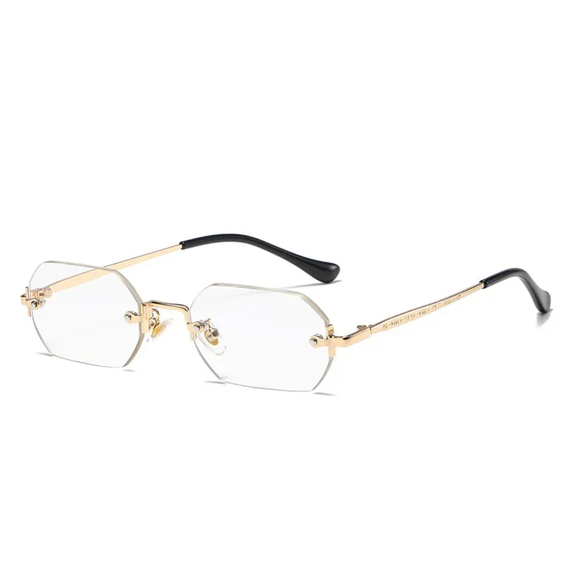 Gafas de sol rectangulares sin montura, gafas pequeñas para hombres y mujeres, gafas de Metal dorado polígono azul, tonos 2024 UV400 sin marco