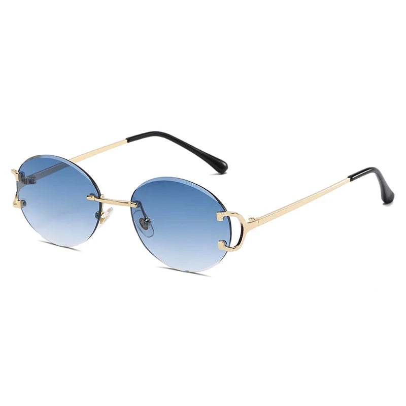 Gafas de sol redondas sin montura para mujer, anteojos de sol de Metal recortados, de moda Retro, con ojos redondos pequeños, de lujo, de aleación para fiesta de compras, 2023