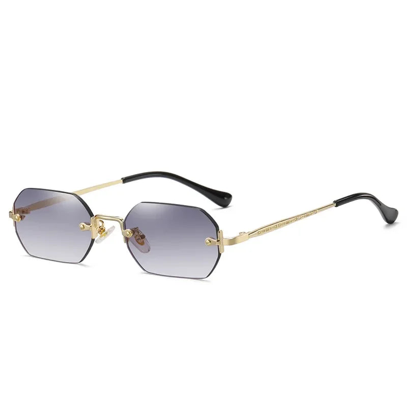 Gafas de sol rectangulares sin montura, gafas pequeñas para hombres y mujeres, gafas de Metal dorado polígono azul, tonos 2024 UV400 sin marco
