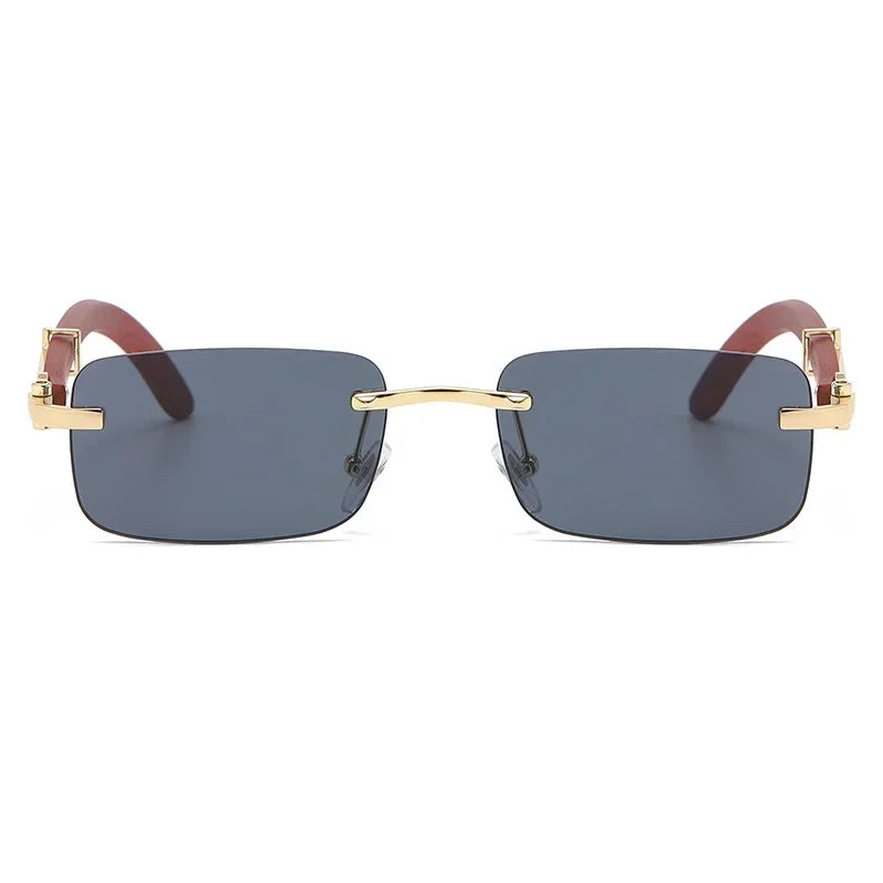 2024 Nuevas gafas de sol sin marco de estilo retro para piernas de veta de madera de imitación de moda para mujer