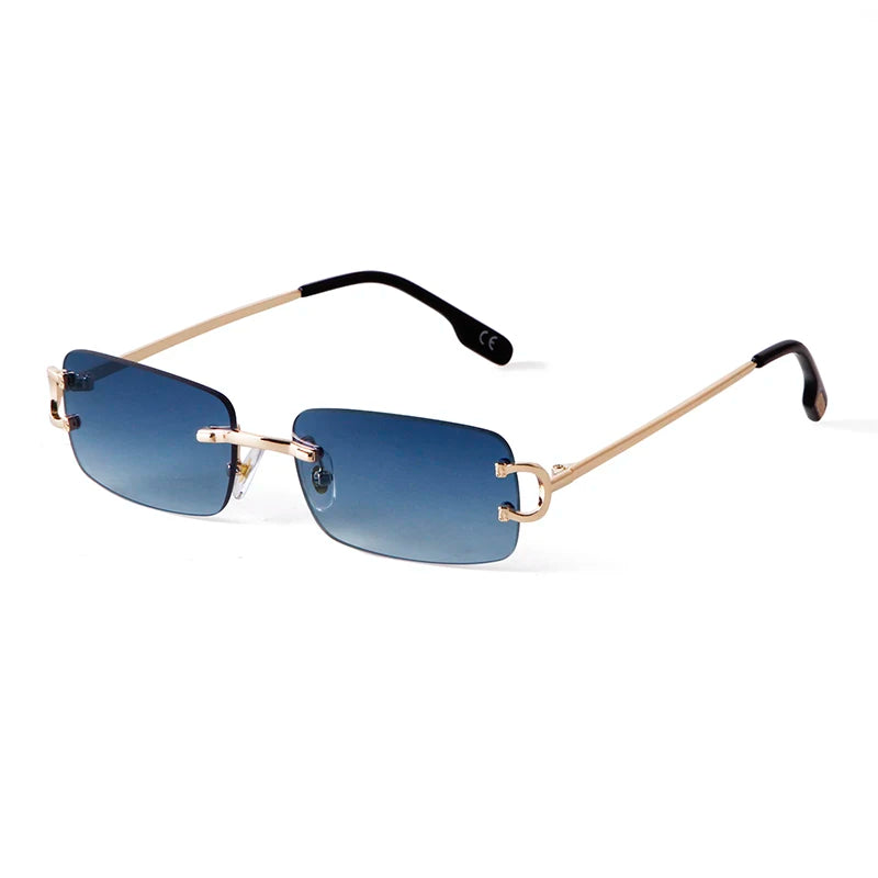 Gafas de sol rectangulares sin montura azules para hombre, diseño de marca 2025, gafas de sol cuadradas de Metal a la moda para dama, lentes degradados sin marco UV400