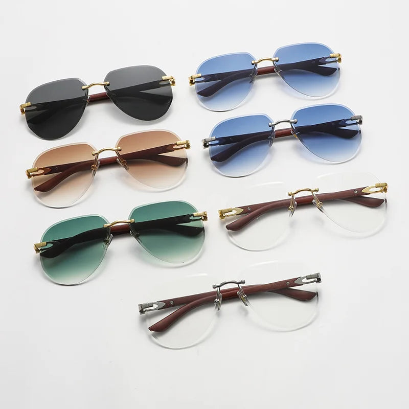 Gafas de sol de piloto Vintage sin montura para mujer y hombre, gafas de sol de marca de lujo de diseñador Punk, gafas de sol con gradiente populares de grano de madera UV400