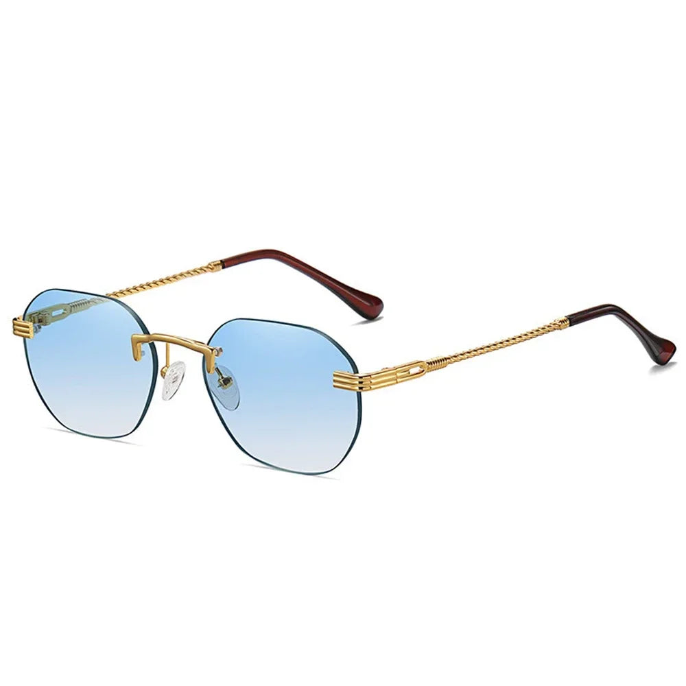 Gafas de sol marrones sin marco de Metal dorado para mujer, lentes degradados sin montura, gafas de sol azules de moda para hombres UV400 verano 2025