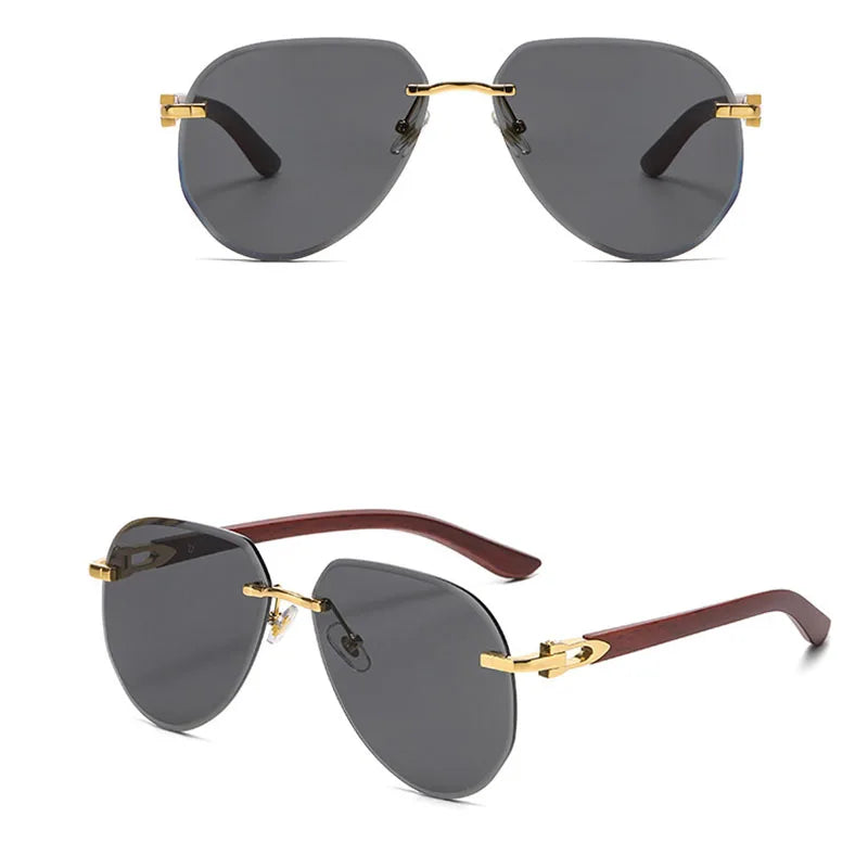 Gafas de sol de piloto Vintage sin montura para mujer y hombre, gafas de sol de marca de lujo de diseñador Punk, gafas de sol con gradiente populares de grano de madera UV400