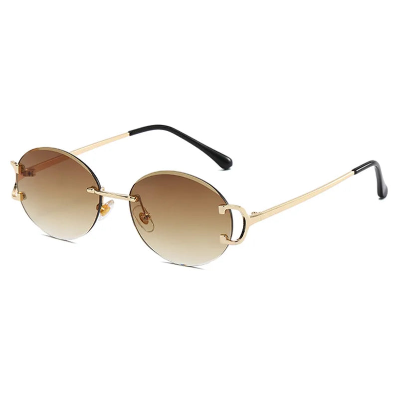 Gafas de sol redondas sin montura para mujer, anteojos de sol de Metal recortados, de moda Retro, con ojos redondos pequeños, de lujo, de aleación para fiesta de compras, 2023