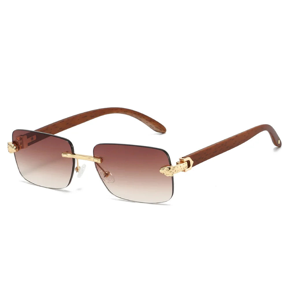 Gafas de sol cuadradas sin montura para mujer y hombre, gafas de sol Vintage Punk populares con cabeza de leopardo, gafas de sol de marca de lujo de diseñador de grano de madera