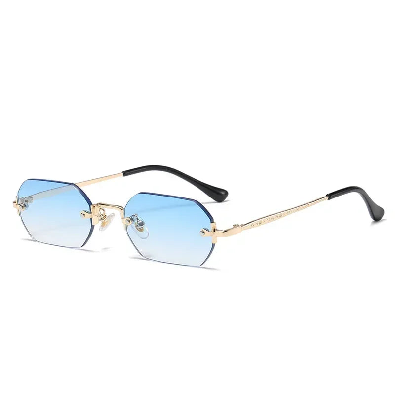 Gafas de sol poligonales sin montura Vintage para mujer y hombre, gafas de sol de marca de lujo de diseñador, gafas de sol populares de viaje con montura pequeña para mujer