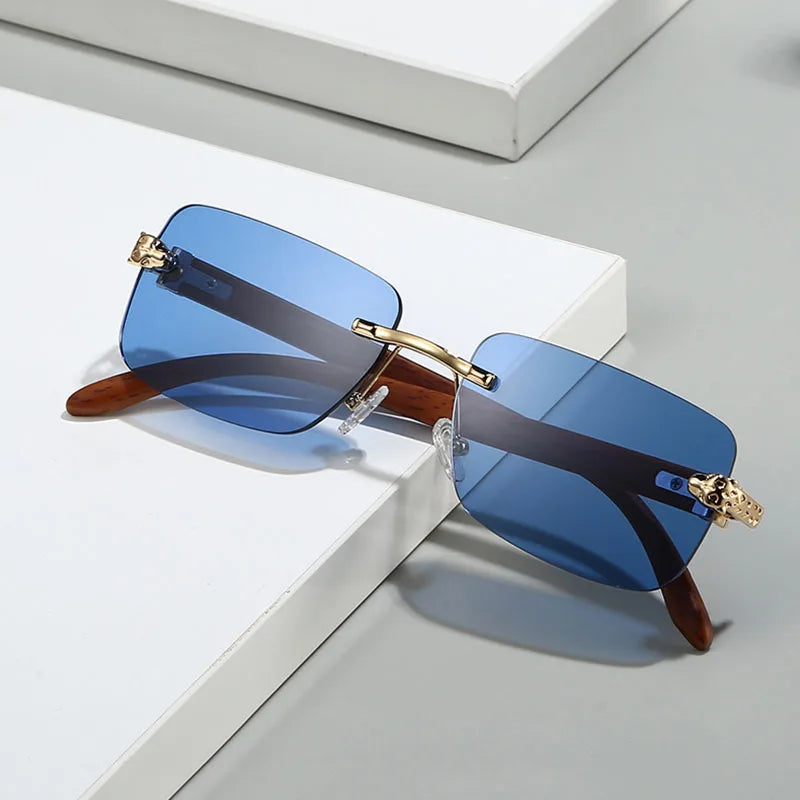 Gafas de sol cuadradas sin montura para mujer y hombre, gafas de sol Vintage Punk populares con cabeza de leopardo, gafas de sol de marca de lujo de diseñador de grano de madera