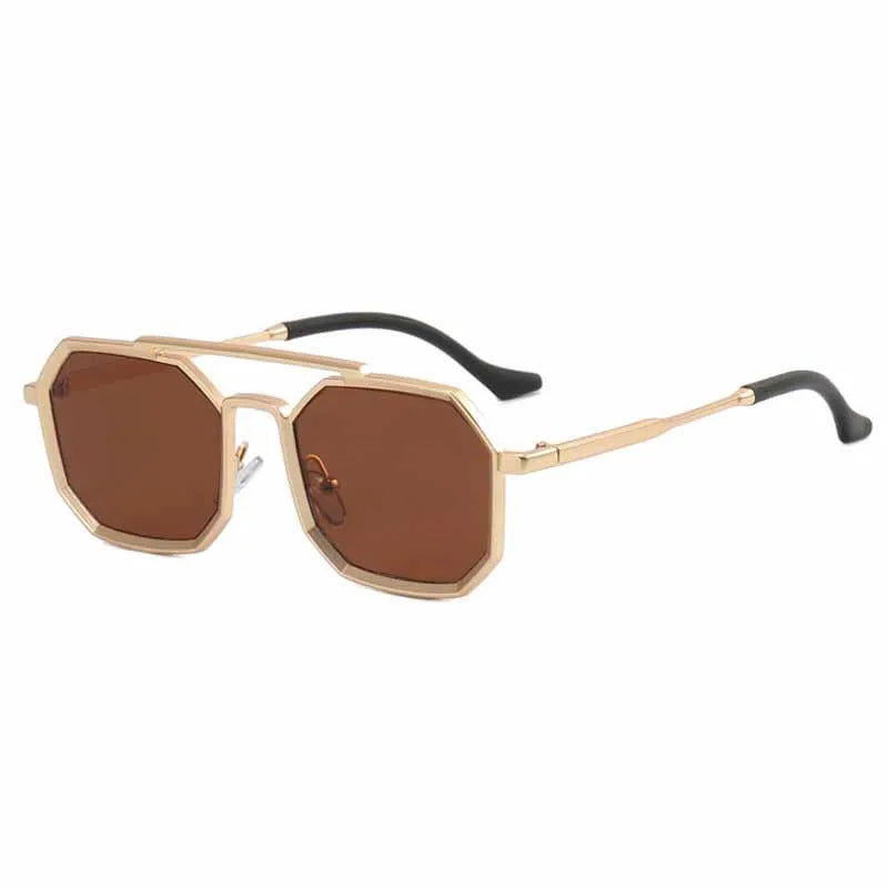 Gafas de sol con montura pequeña de Metal Vintage para hombre y mujer, anteojos de sol poligonales elegantes a la moda con doble puente, UV400